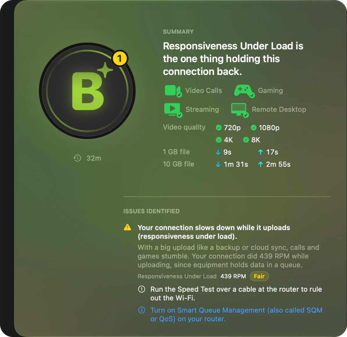 PeakHour Advisor showing a network grade and its analysis