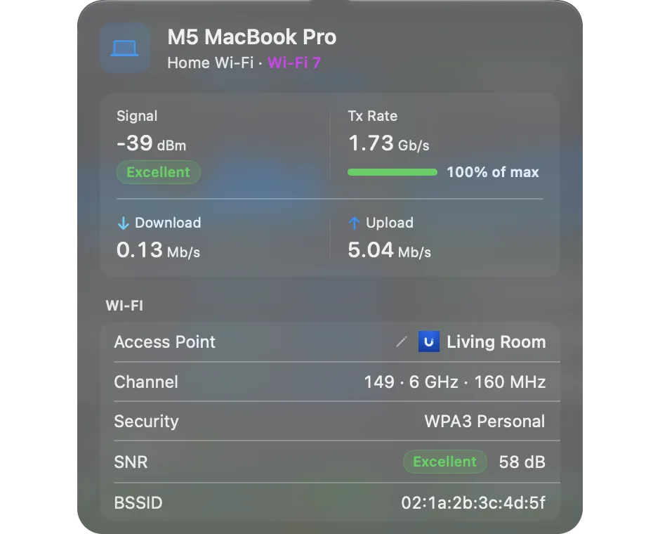 Wi-Fi Intelligence panel showing signal and channel details