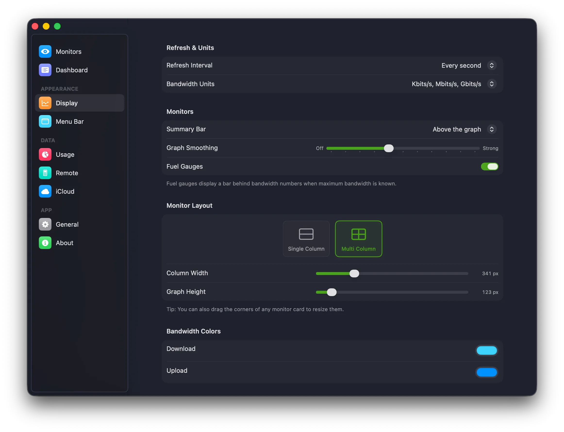 Settings panel with customizable options and toggles