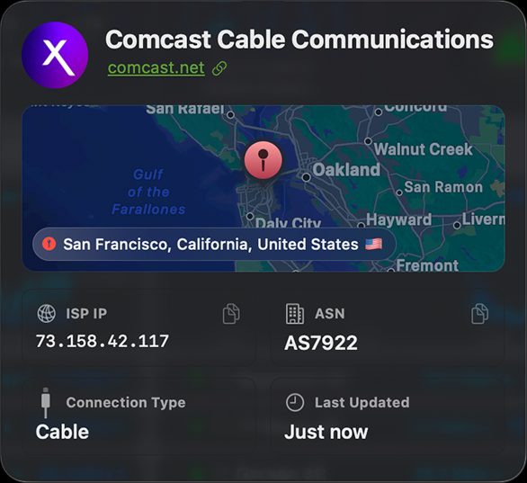 ISP details: network operator, location and IP