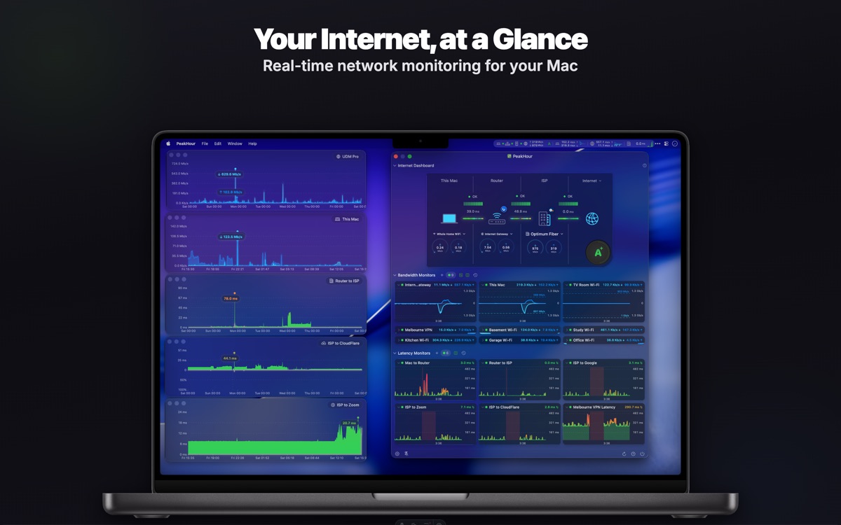 Liquid Glass dashboard — the whole connection at a glance