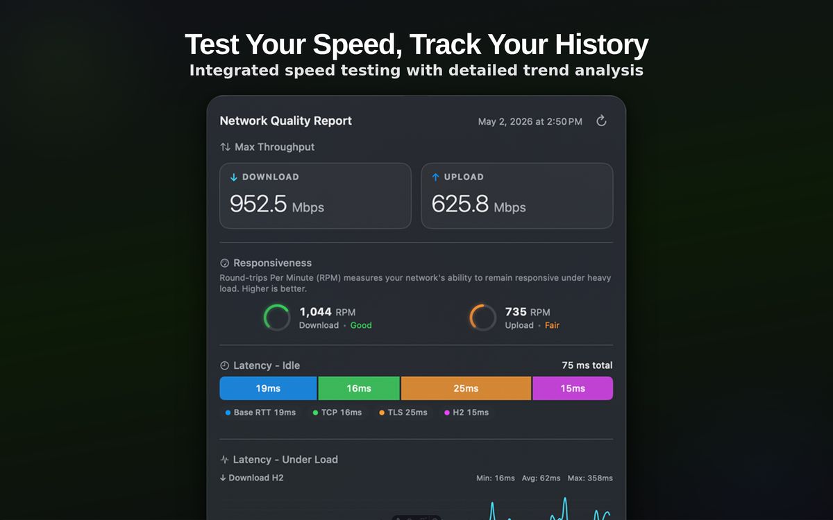 Speed tests with Responsiveness (RPM) and latency breakdown