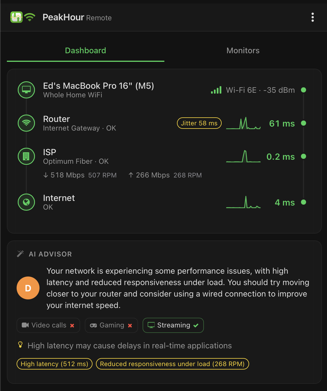 PeakHour Remote in a phone browser, showing the Dashboard tab with the path from a MacBook through the router and ISP to the internet, each with its latency
