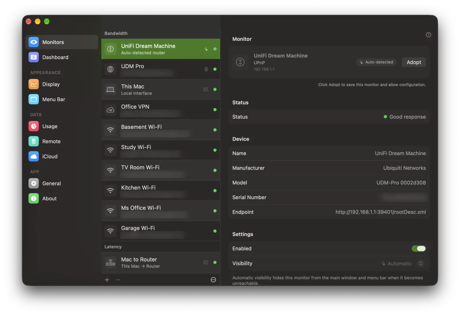 PeakHour’s Monitors settings with an auto-detected router selected. Its header shows an Auto-detected badge and an Adopt button, above the note “Click Adopt to save this monitor and allow configuration”