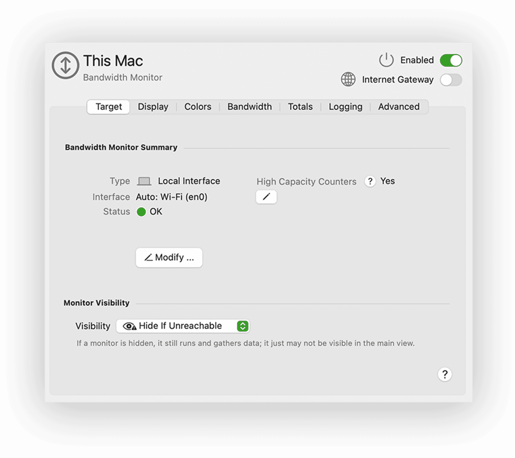 The This Mac bandwidth monitor settings, Target tab, with Type set to Local Interface and Interface set to Auto: Wi-Fi (en0)